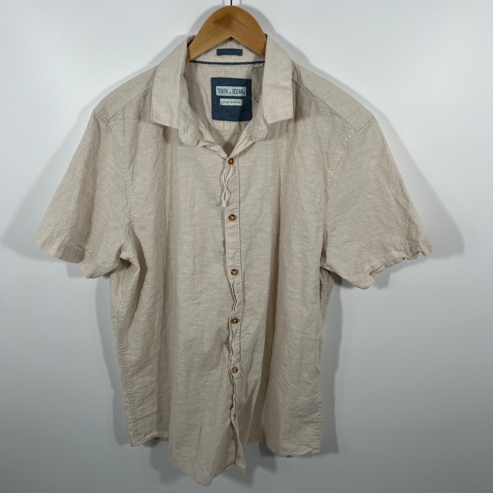 NWOT Mens L Button Down Beige Linen Blend Shirt Short Sleeve Lightweight